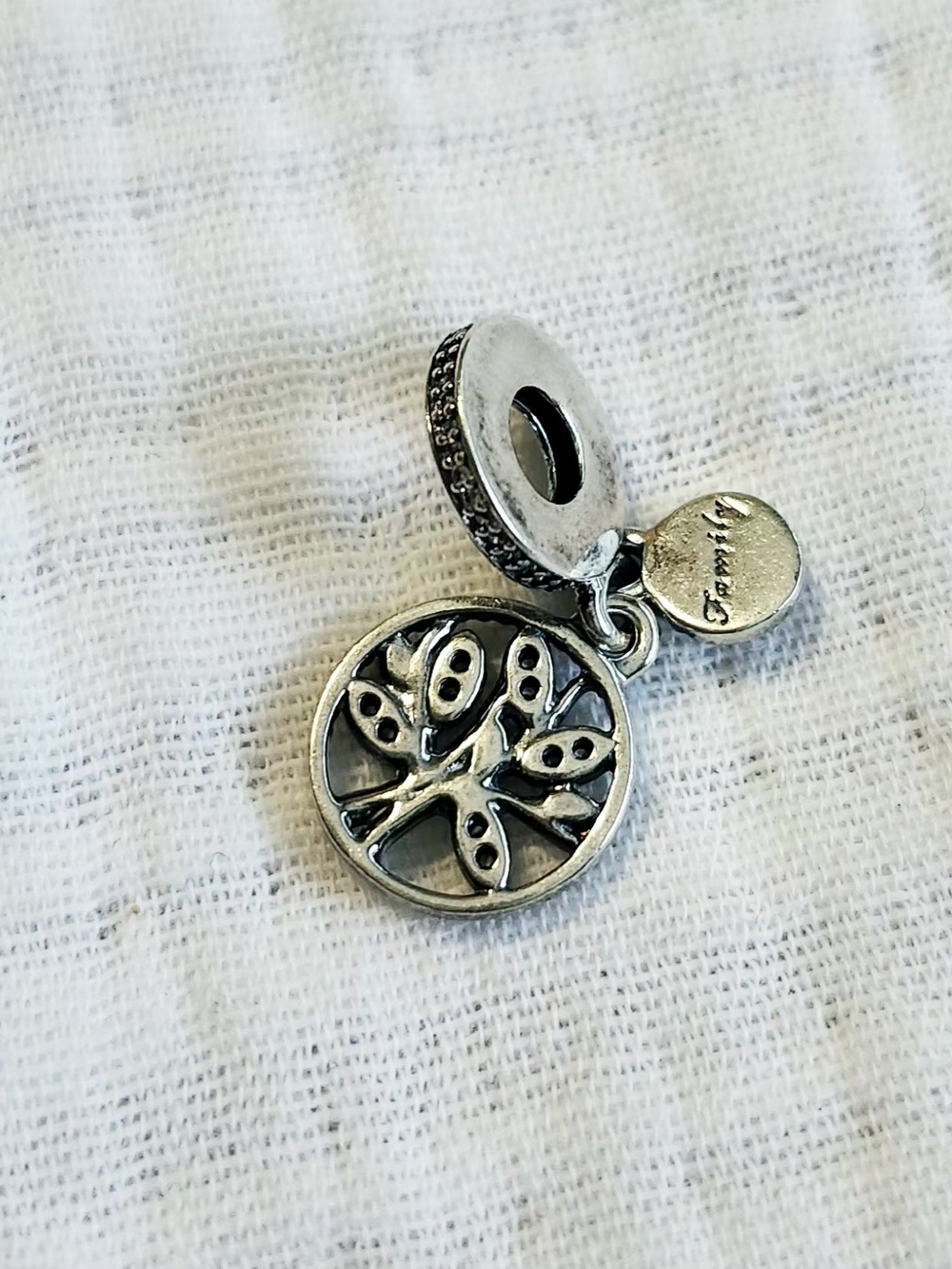 Pandora Silver Tree of Life Dangle Charm with 'Family' Tag